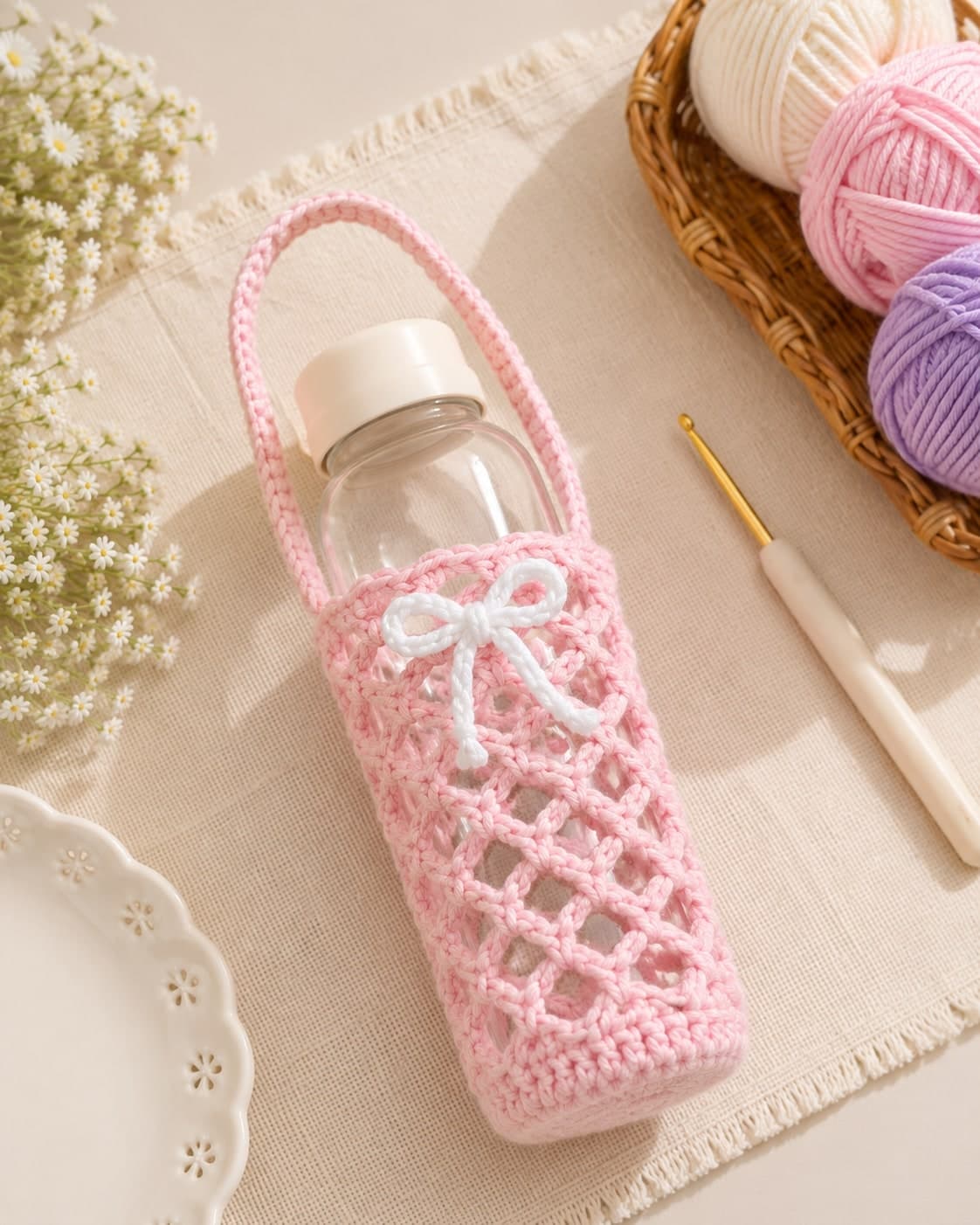Detail photograph of the blush-pink openwork crochet bottle holder.