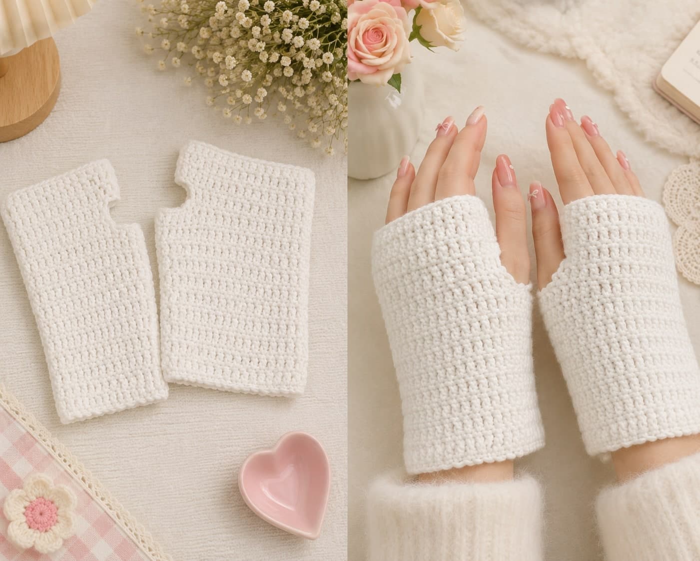Ivory crochet fingerless wrist warmers shown flat and worn.