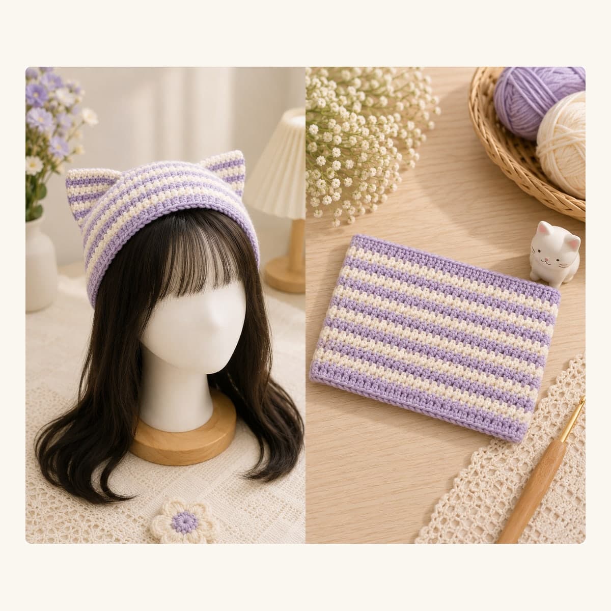 Lavender and cream striped handmade crochet beanie with softly shaped cat ears.