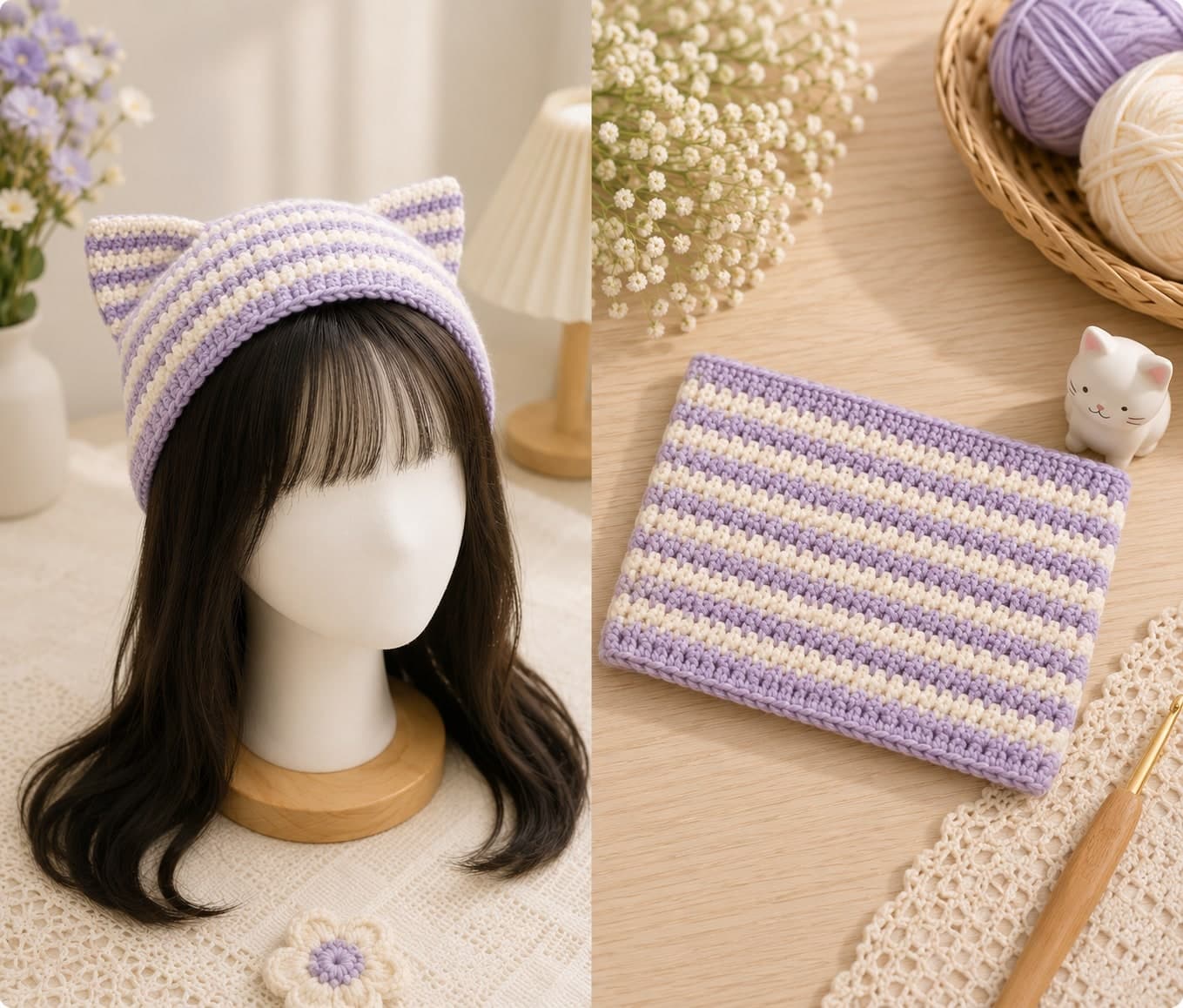 Lavender stripe cat-ear crochet beanie shown worn and laid flat.