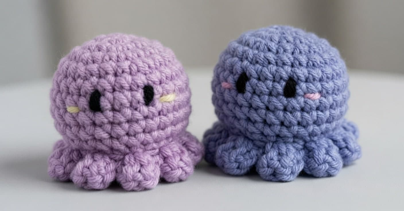 Pair of pastel crochet octopus amigurumi on a soft light background.