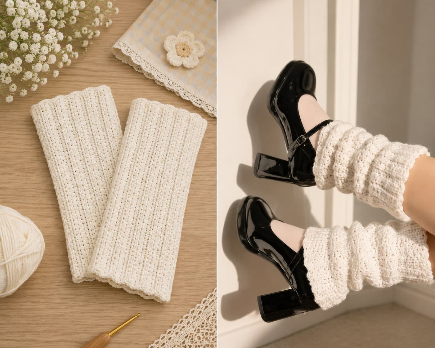 Ivory ribbed crochet leg warmers shown flat and styled.